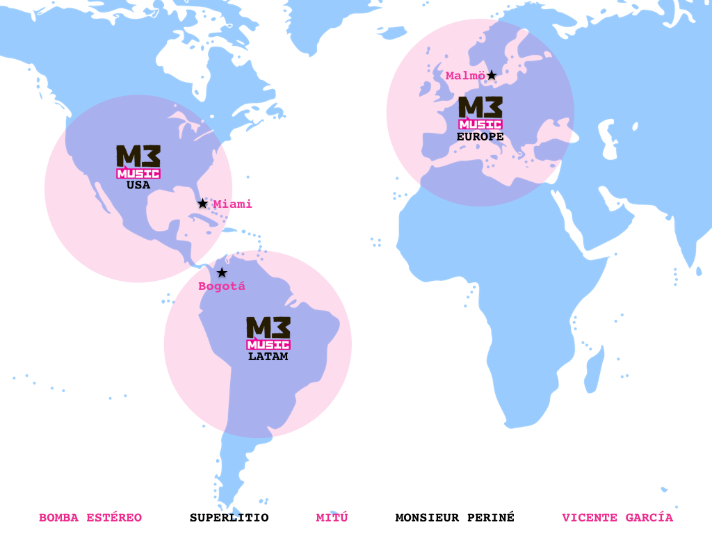 El mapa de operaciones de M3 Music en el mundo.
