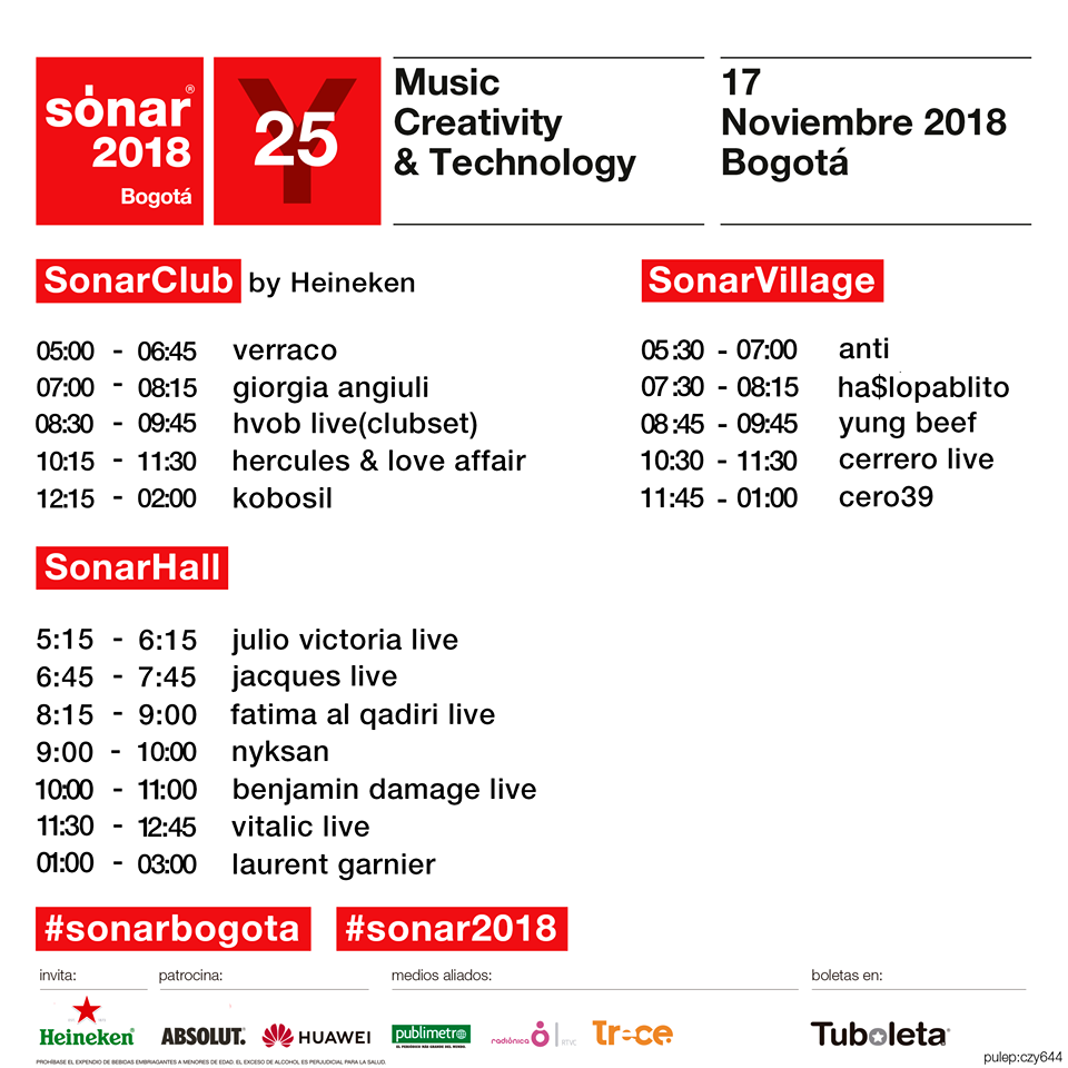 Programación y horarios de Sónar Bogotá 2018.