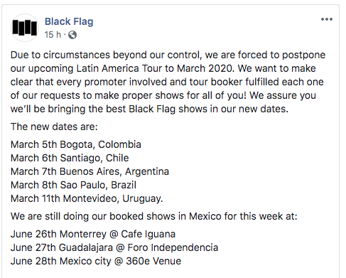 Black Flag cancela su concierto en Colombia