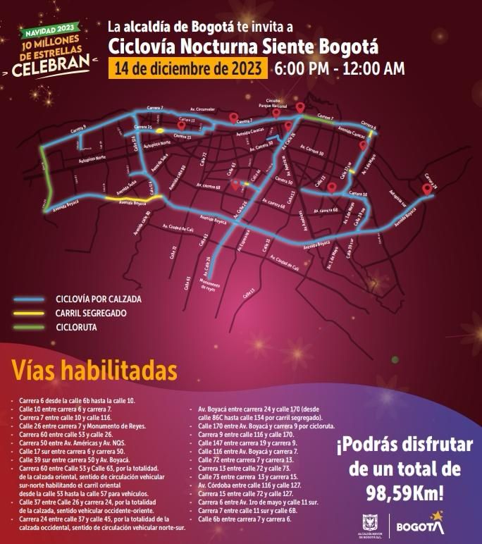 Ciclovía nocturna diciembre 2023 en Bogotá: fecha, horario y rutas