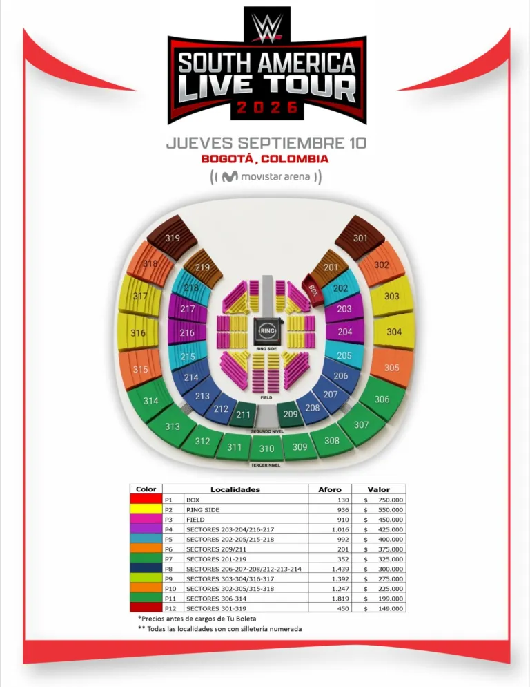Precios de boletas WWE Bogotá 2026: preventa, localidades y cuánto cuestan