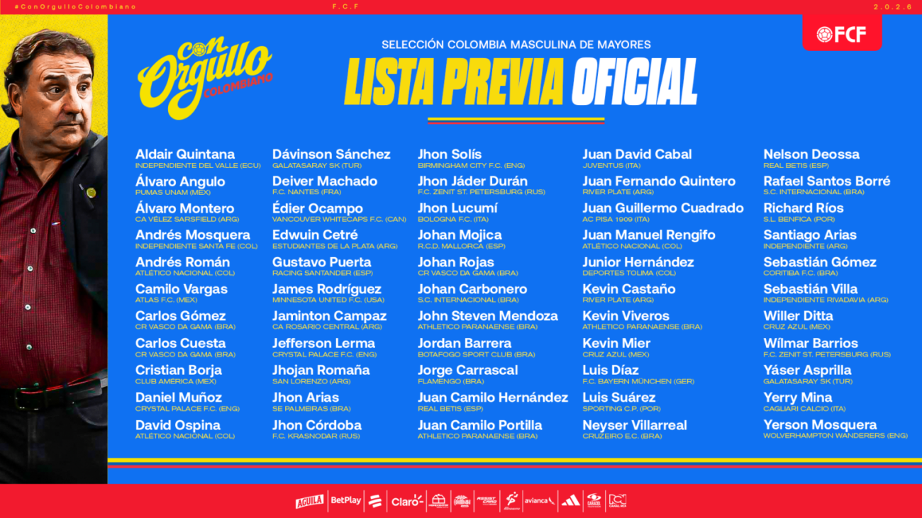 Selección Colombia anunció prelista para el Mundial 2026